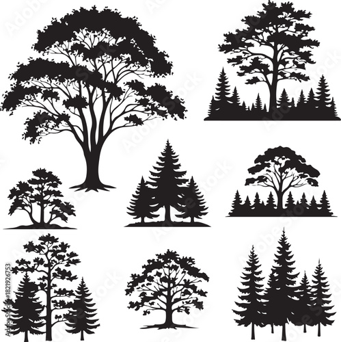A collection of nine distinct black and white tree silhouettes, showcasing various species and forest arrangements.
