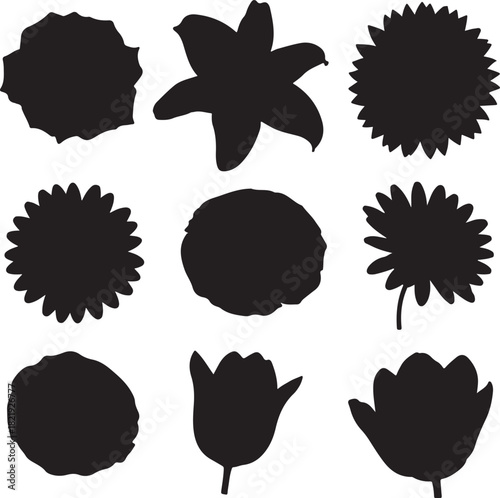 A grid of nine distinct black flower silhouettes, including roses, lilies, and tulips, presented against a clean white backdrop.
