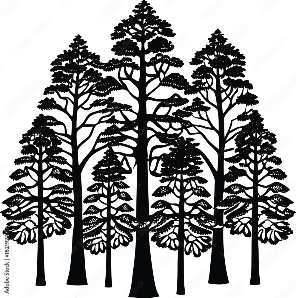 Obraz premium Silhouettes of trees vector pattern with leaves and floral elements