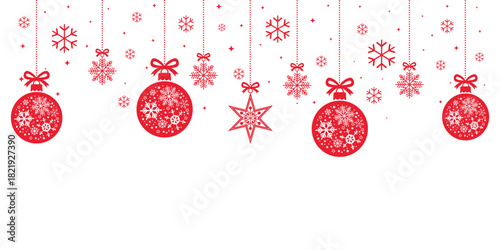Elegant Christmas border design featuring hanging red ornaments decorated with snowflakes, along with scattered individual snowflakes. Isolated on a white background, this festive, luxury design of