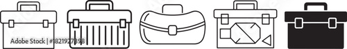 Toolbox icons set representing various styles of utility containers, work equipment, and professional carrying cases in vector line art designs Vector
