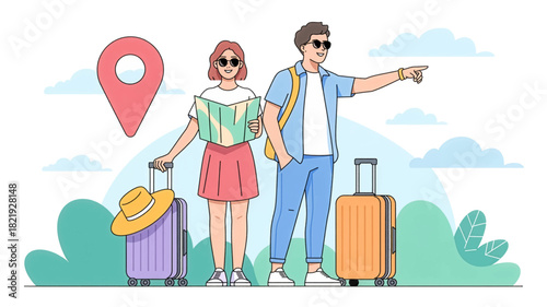 Couple embarking on their travel journey with luggage in tow. Traveling couple on an exciting adventure with their luggage. Excited couple setting off on a trip with luggage and smiles