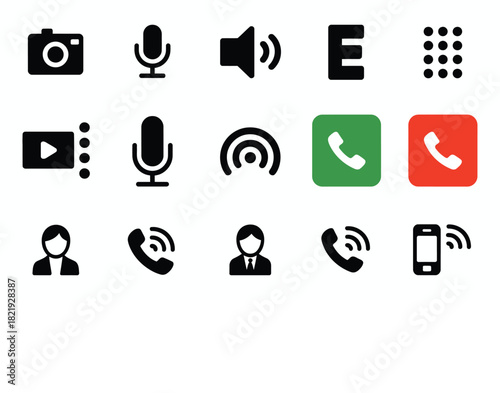 video conferencing icon collection, including mic, mute, video, chat, screen share, and call symbols for user interface design, mobile communication apps, and modern web platforms.