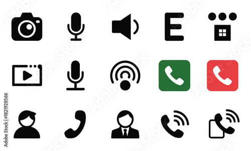 video call icon set, vector illustration featuring mic, mute, video, chat, screen share, and call buttons for mobile apps, web interfaces, communication tools, and digital conferencing designs.