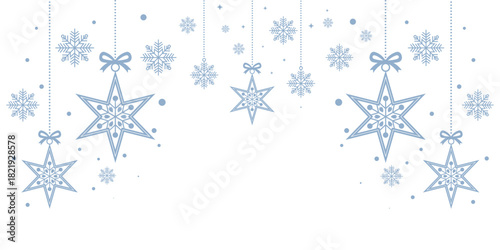 Elegant Christmas border banner featuring hanging blue star decorations intricately patterned with snowflakes. Isolated on a clean white background, this festive design is perfect for holiday header