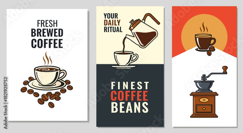 Collection of stylish vintage coffee posters celebrating the rich aroma of fresh brewed coffee beans and the comforting daily ritual of enjoying a warm beverage