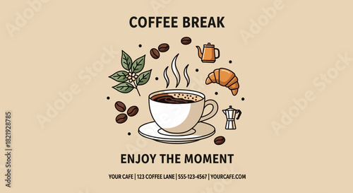 Enjoy a Relaxing Coffee Break with a Croissant and Coffee, Perfect for Your Cafe or Lifestyle Brand