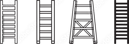 Collection of distinct ladder vector icons, including outline and solid variations, illustrating progress, success, growth, and upward mobility. Vector
