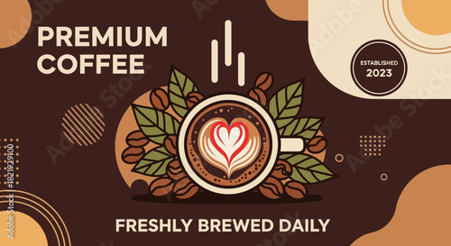 Vector illustration of a hot cappuccino cup with heart-shaped latte art, surrounded by roasted coffee beans and leaves on a brown background design