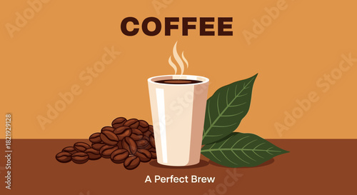 An inviting illustration depicting a perfect coffee brew, featuring a steaming cup, rich aromatic beans, and fresh green leaves, evoking a delightful morning experience