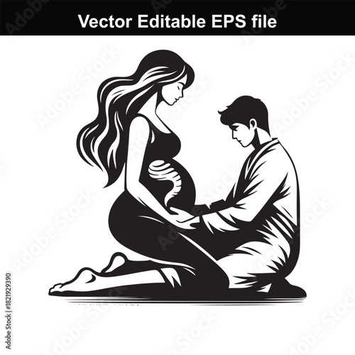 A pregnant woman and her partner kneeling together, cradling her baby bump with love and anticipation