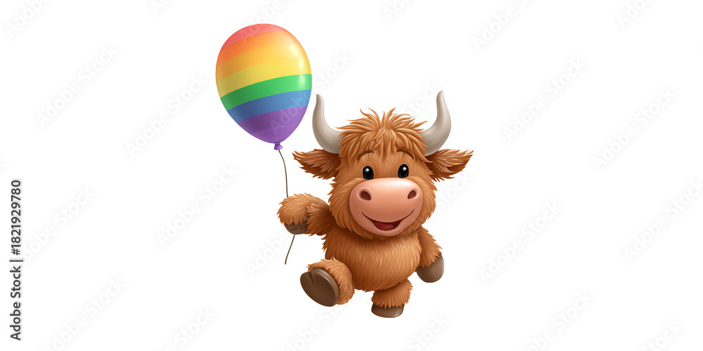 Fototapeta premium Cute cartoon Highland cow holding rainbow balloon, celebrating pride month with adorable animal character on black background Concept of inclusivity, diversity, and lgbtq community