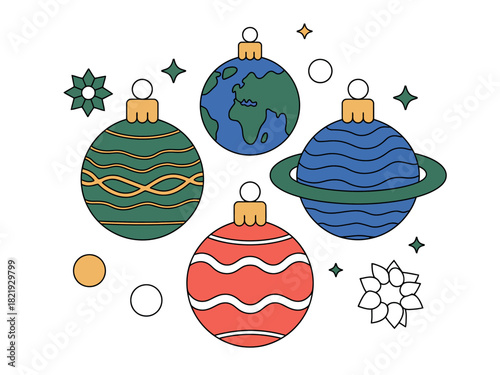 Four spherical ornaments, two designed as planets and two with festive patterns, are displayed with decorative elements.