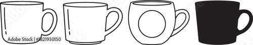 Collection of various coffee and tea mugs in simple line art and silhouette styles, perfect for cafe, breakfast, or beverage related designs Vector