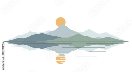 Stunning mountain range landscape at sunset reflecting on water creating a peaceful, minimalist vibe perfect for nature lovers and calming backgrounds