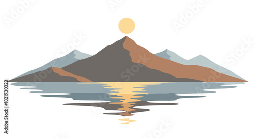 Stunning mountain range reflected in calm lake at sunset, capturing the beauty of nature and tranquil landscapes for travel and adventure designs