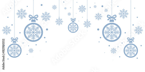 blue and white Christmas banner border featuring a pattern of hanging stylized ornaments and large snowflakes, creating a festive header or footer.