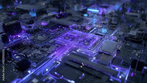 Advanced futuristic microchip circuit glowing with purple cyber technology details