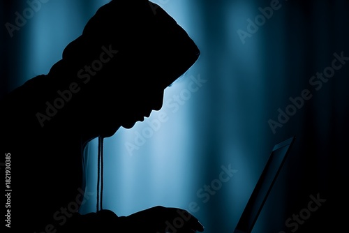 Hooded hacker silhouette stealing data on laptop