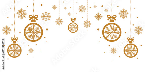 gold and white Christmas banner border featuring a pattern of hanging stylized ornaments and large snowflakes, creating a festive header or footer.