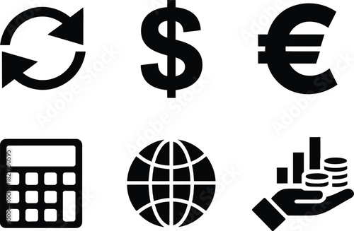 Financial Icons Currency, Calculator, and Globe Representing Global Business and Exchange