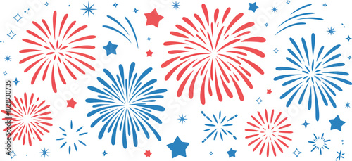 Vibrant Red and Blue Fireworks Bursting in Celebration and Festive Sparkle Design