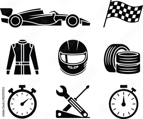 Racing and motorsports icon set with glyphs for competition, fast cars, pit crew, and speed timing