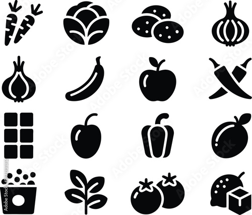 Collection of black and white food icons, featuring fruits and vegetables carrots, potatoes, apples, bananas, and peppers, for healthy eating and culinary graphic designs