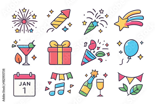 Fireworks and celebration icons for New Year