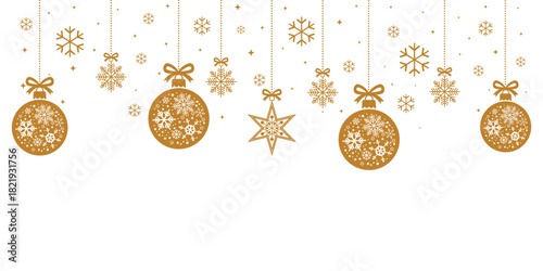 Elegant Christmas border design featuring hanging gold ornaments decorated with snowflakes, along with scattered individual snowflakes. Isolated on a white background, this festive, luxury design of