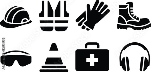 A comprehensive set of black silhouette icons for workplace safety and personal protective equipment, featuring a hard hat, vest, gloves, boot, glasses, cone, first aid kit, and earmuffs