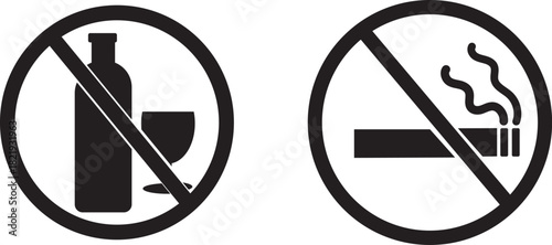 No smoking and no alcohol prohibition sign set. Forbidden cigarette, wine bottle, and drinking glass warning icon vector collection.