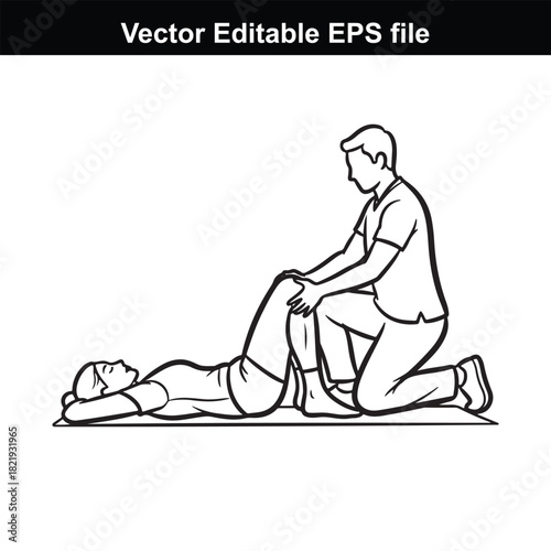 Physiotherapist performing knee rehabilitation exercise on a patient lying on a yoga mat, isolated on white background