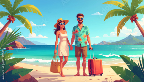 Couple arriving at the tropical beach with their luggage. Vacation arrival: couple standing with luggage at the beach. Tropical getaway: couple with luggage on a beach vacation