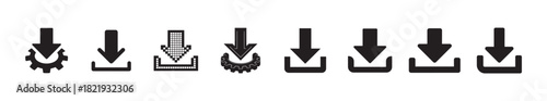 Set of download icons, vector symbol of downloading files, different styles of arrow to storage