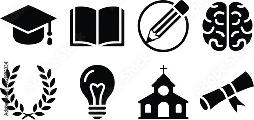 Education Icons Graduation, Book, Pencil, Brain, Laurel, Lightbulb, Church, Diploma Vector Icons