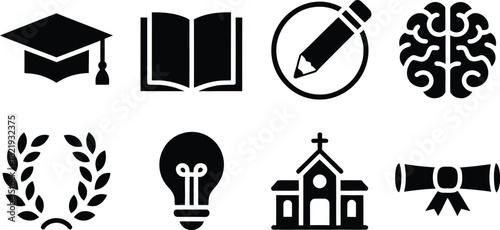 Education Icon Set Graduation, Knowledge, Writing, Brain, Achievement, Idea, Church, Diploma - Black and White