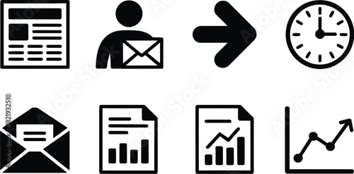 Vector icon set for business workflow and data analysis, featuring charts, graphs, email, documents, and time management symbols