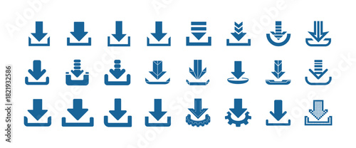Set of 30 download icons in blue color different styles, collection of linear and solid download symbols
