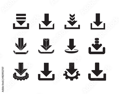 Set of download icons, collection of various arrow symbols pointing downwards to indicate downloading