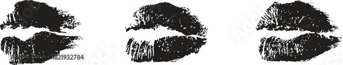 Grunge lipstick kiss marks in a bold black texture. Distressed print style creates a raw, artistic look. Perfect for fashion graphics, edgy designs, and modern illustration projects
