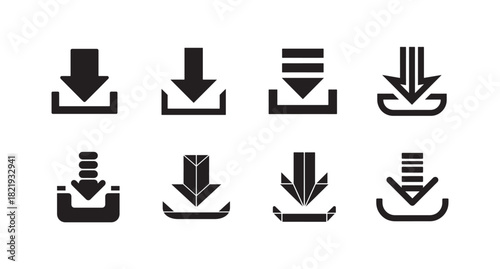 Collection of black download icons, various arrow symbols pointing downwards for file saving