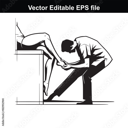 A doctor or therapist examining a patients foot, with the patients legs resting on a surface, in a black and white illustration