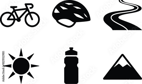A set of monochrome glyph icons representing a cycling adventure with a bicycle, helmet, winding road, sun, water bottle, and mountain