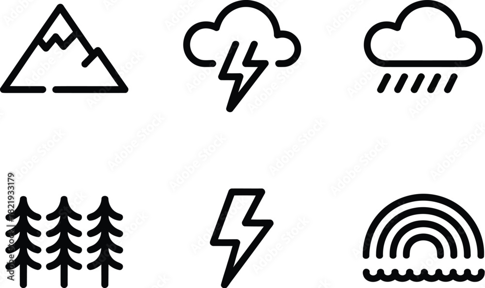 Naklejka premium Minimalist weather and nature line icon set featuring mountain, storm, rain, forest, lightning, and rainbow symbols for graphic design