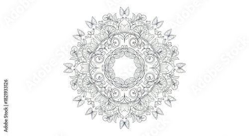 Intricate Circular Floral Mandala Design Line Art.