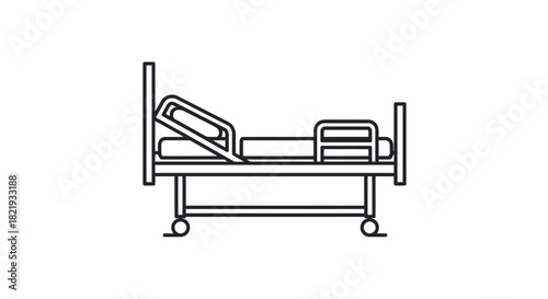 Line Art Illustration of a Hospital Bed with Adjustable Headrest and Wheels.