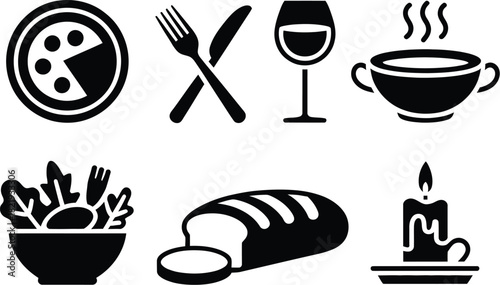 Essential dining icons pizza slice on plate, crossed fork and knife, wine glass, steaming soup bowl, fresh salad, bread, and lit candle. Ideal for restaurant menus