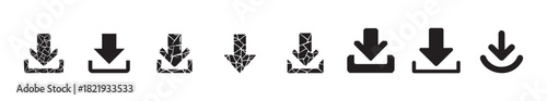 Set of black download icons, various styles for web and app interface, with shattered and solid designs