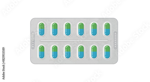 Blister Pack of Blue and Green Capsules for Medication or Supplements.